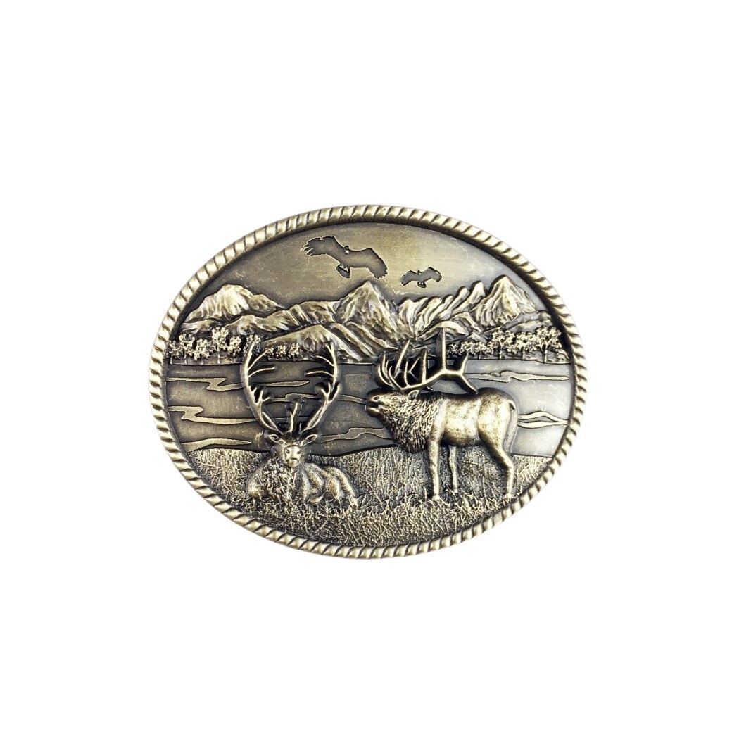 Vintage Bronze Plated Deer Wild Life Western Oval Belt Buckle Boucle de Ceinture