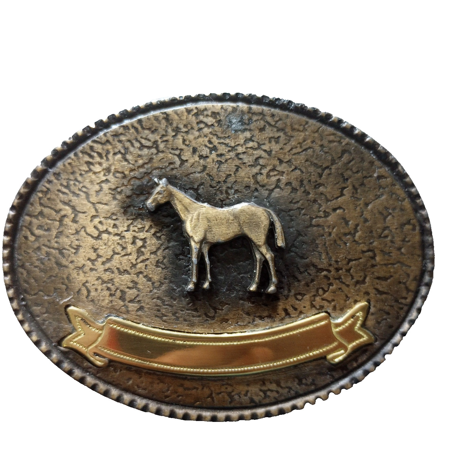 Vtg Western Horse Belt Buckle Blank Trophy Ribbon W Maker Mark Oval Brass Tone