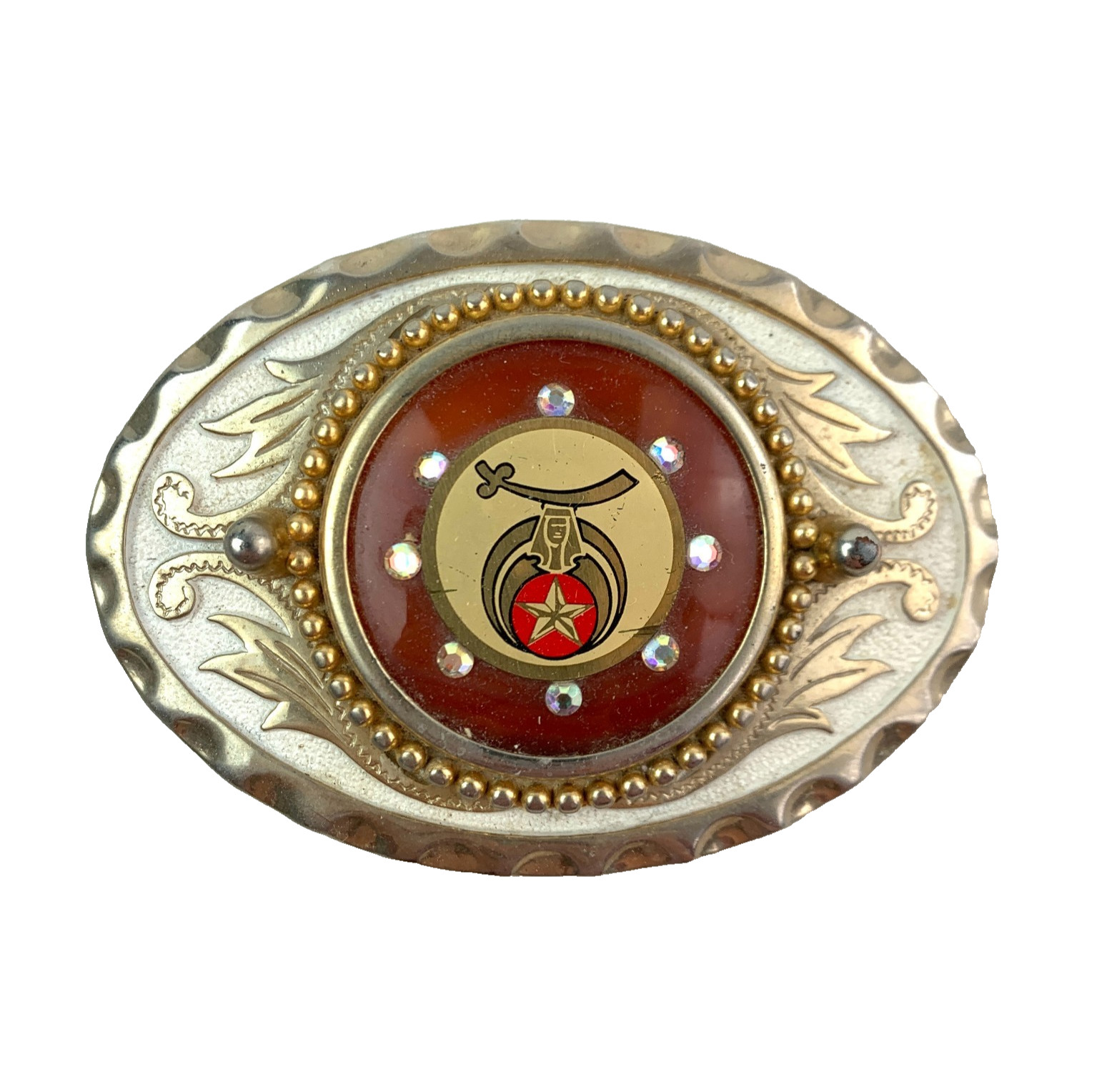 Vintage Masonic Shriners Orange Gold Tone Bling 3D Metal Belt Buckle