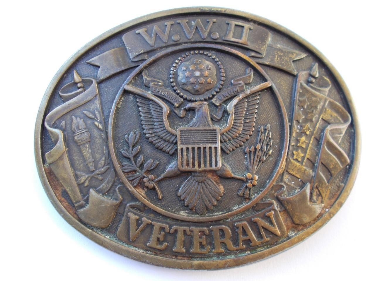 Vintage World War II Veterans Commemorative Military Brass Tone Belt Buckle