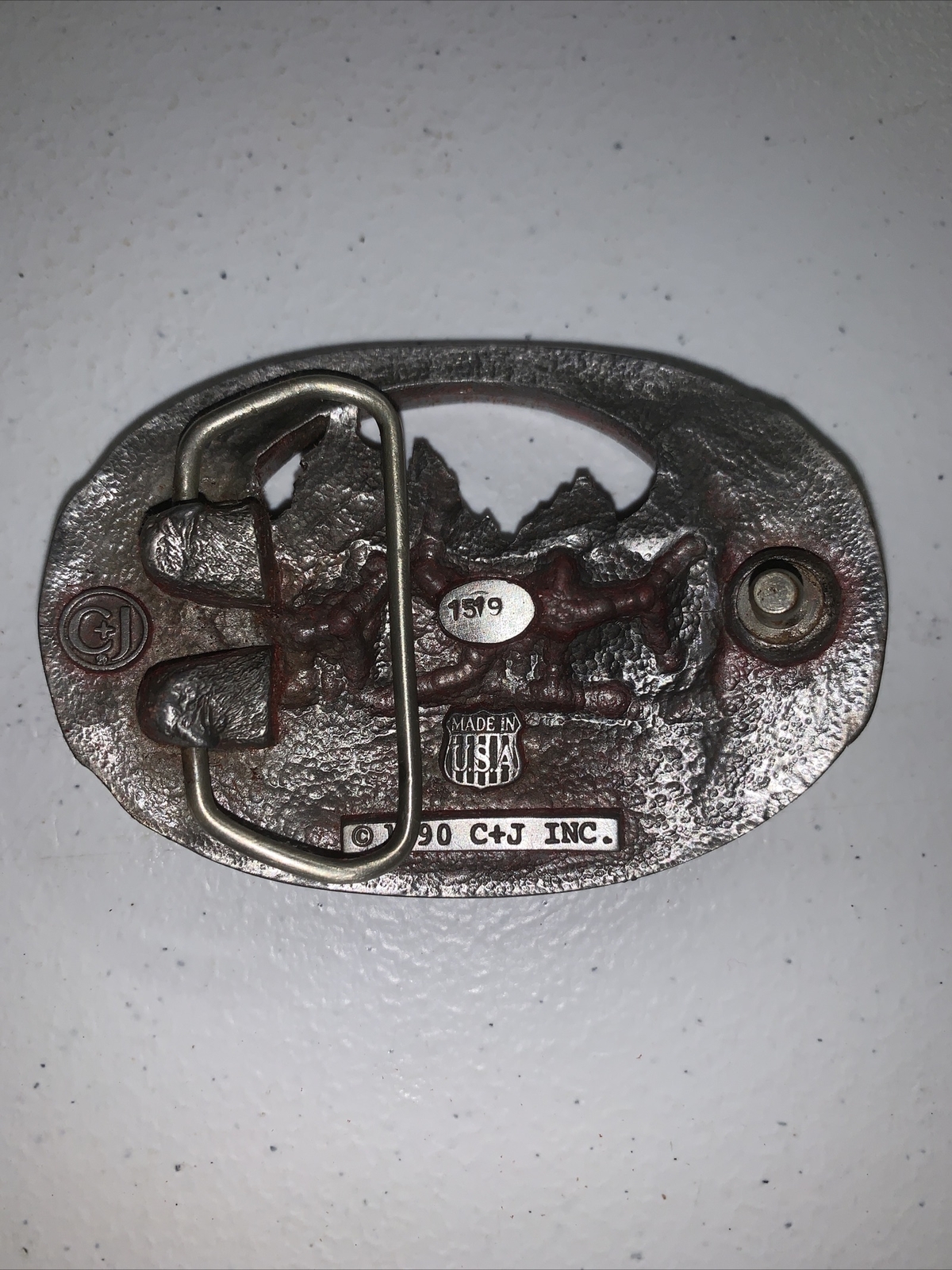 MEN&rsquo;S HEAVY PEWTER 1990 C + J INC DEER SCENE AND ANTLER BELT BUCKLE MADE IN USA