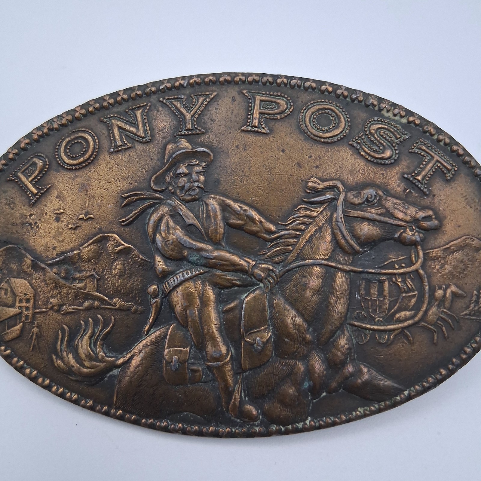 Vintage 70s Pony Post Express Brass Metal Belt Buckle Montauk Silver Company
