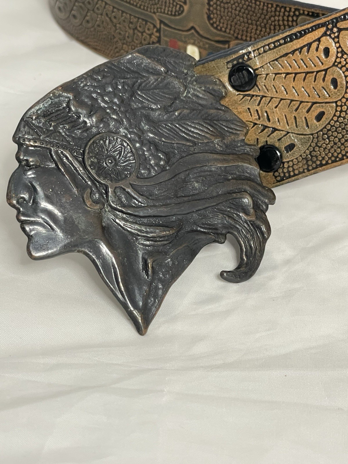 Leather Belt Embossed Eagles American Indian Belt Buckle Hand Stained Latitan