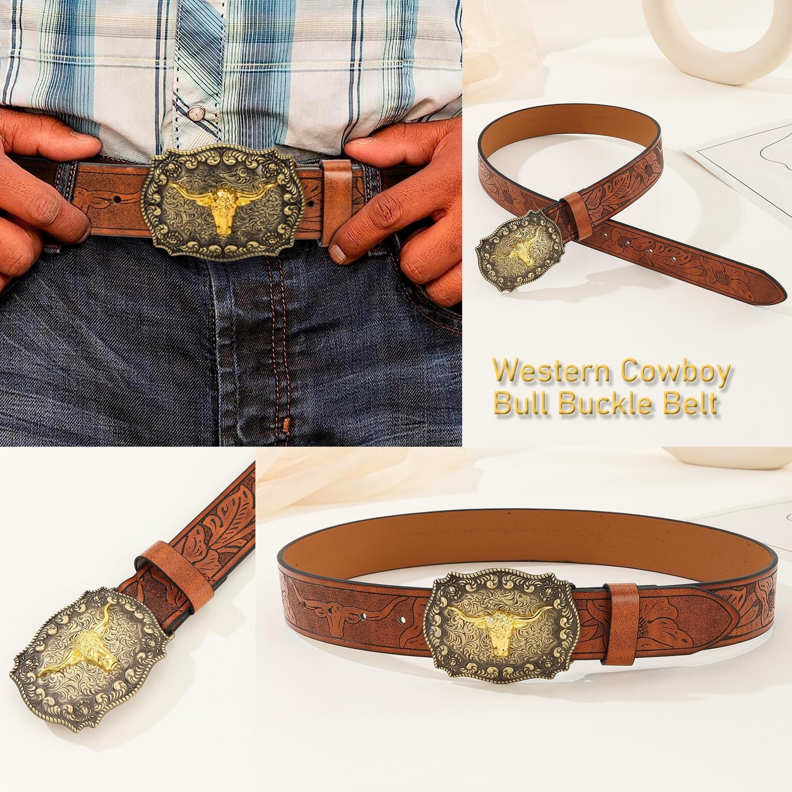 Western Cowboy-Belts for Men Big-Buckle Longhorn-Bull PU-Leather Rodeo Cowgir…