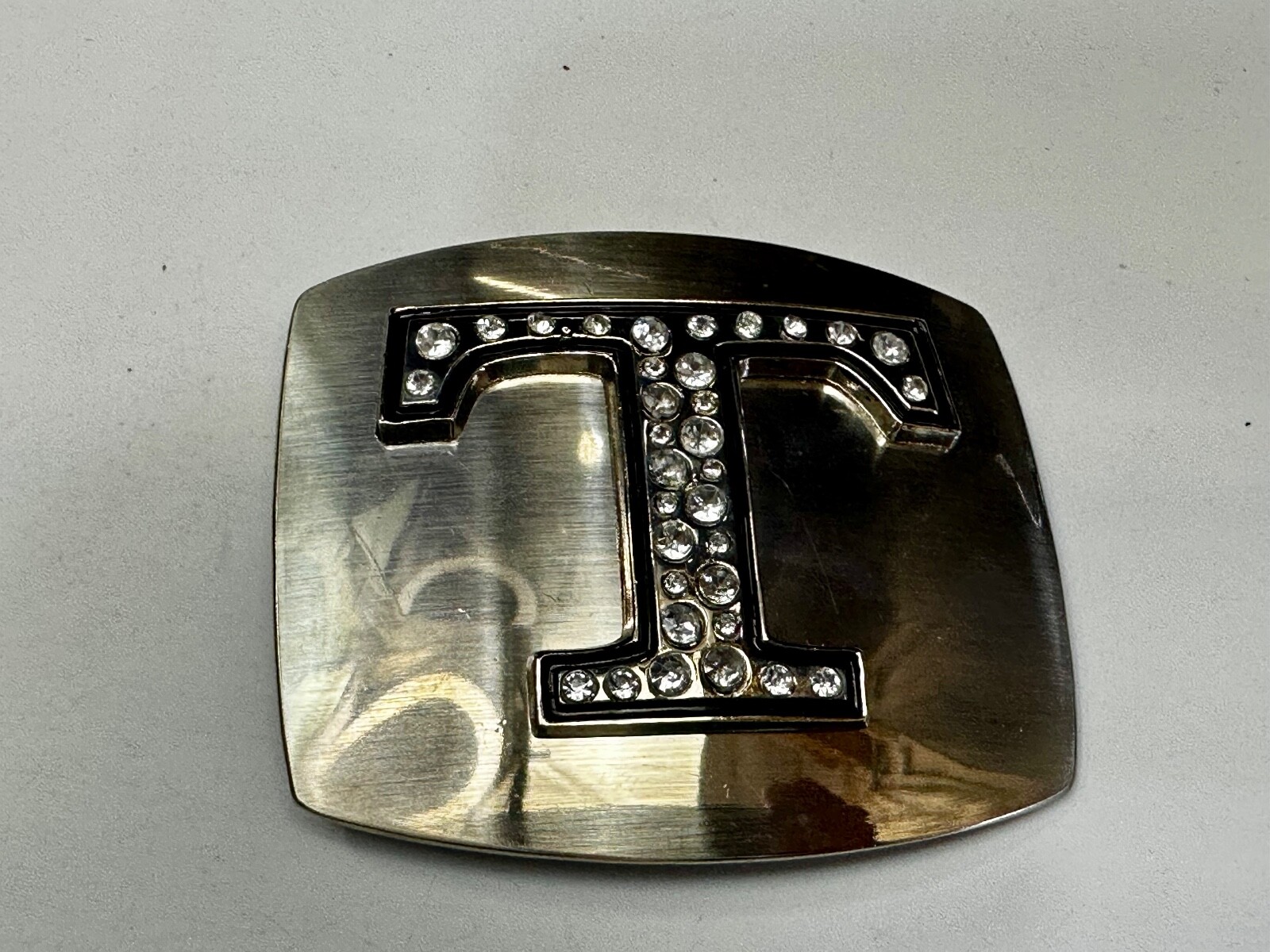 Letter Initial T – Silver color Vintage Belt Buckle – Missing Rhinestone?