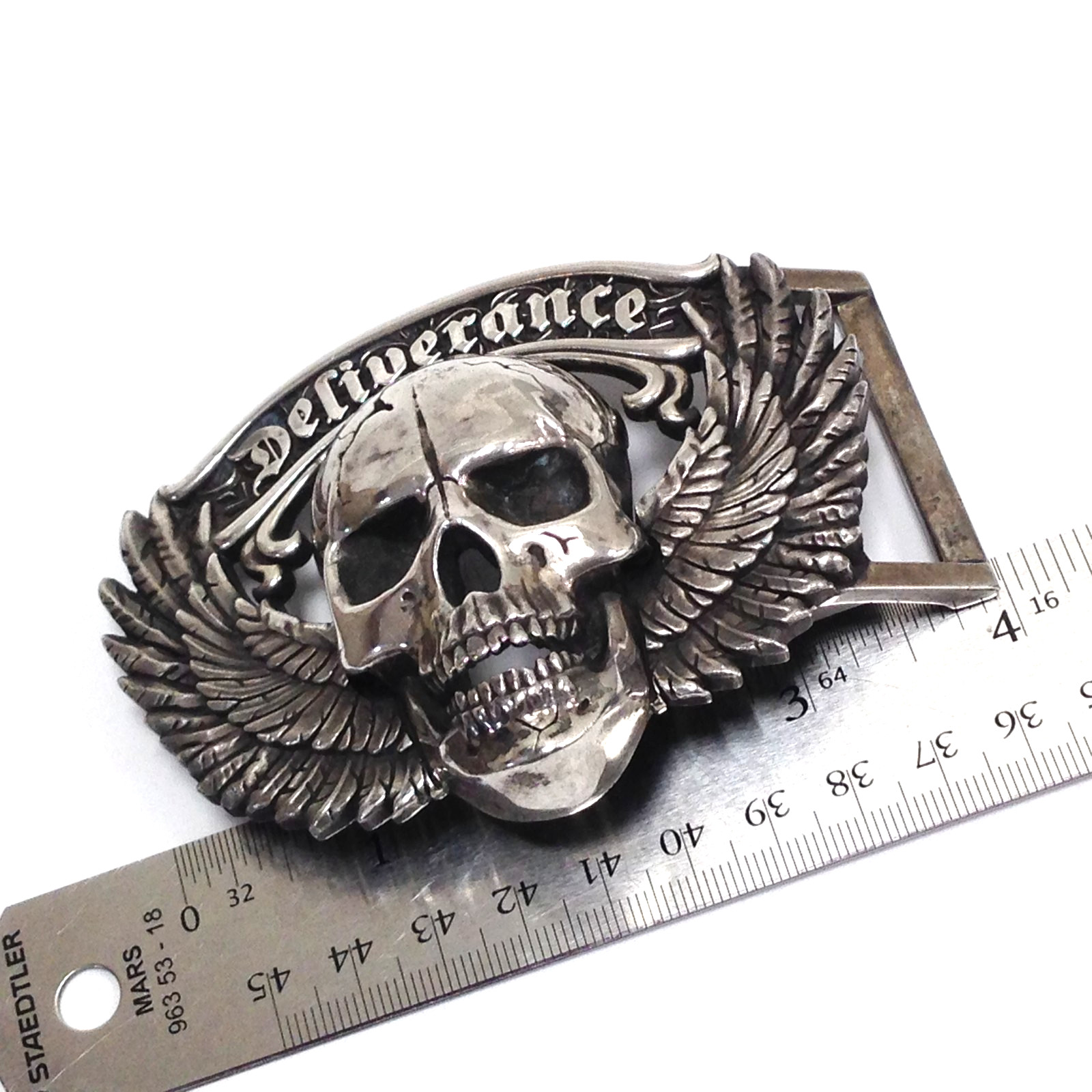 Skull & Wings Deliverance From Evil Belt Buckle Solid Sterling Silver 236.8g
