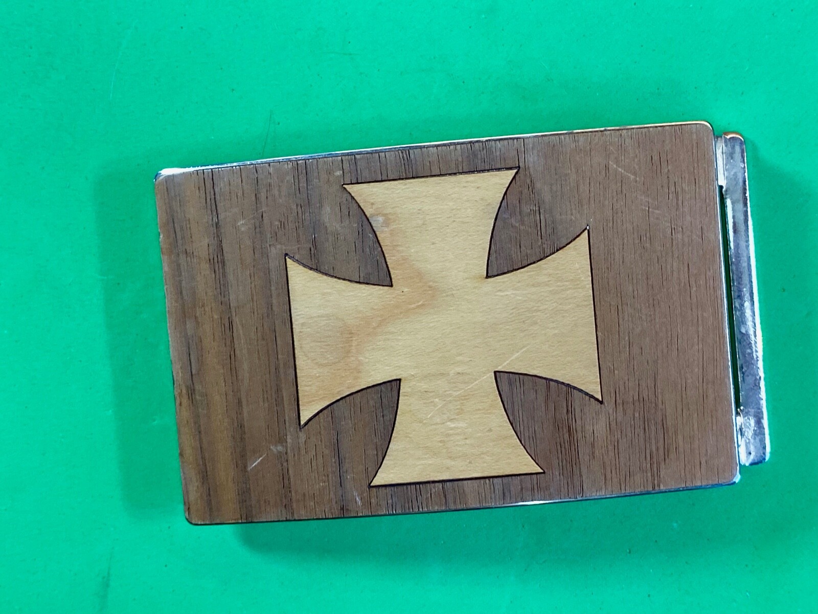 Mixed Wood Grain Inlaid Iron Cross Vintage Belt Buckle