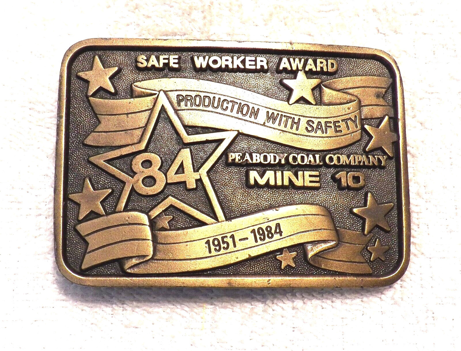 CLASSIC BELT BUCKLE SAFE WORKER AWARD PRODUCTION PEABODY COAL CO 1951-1984 BB12