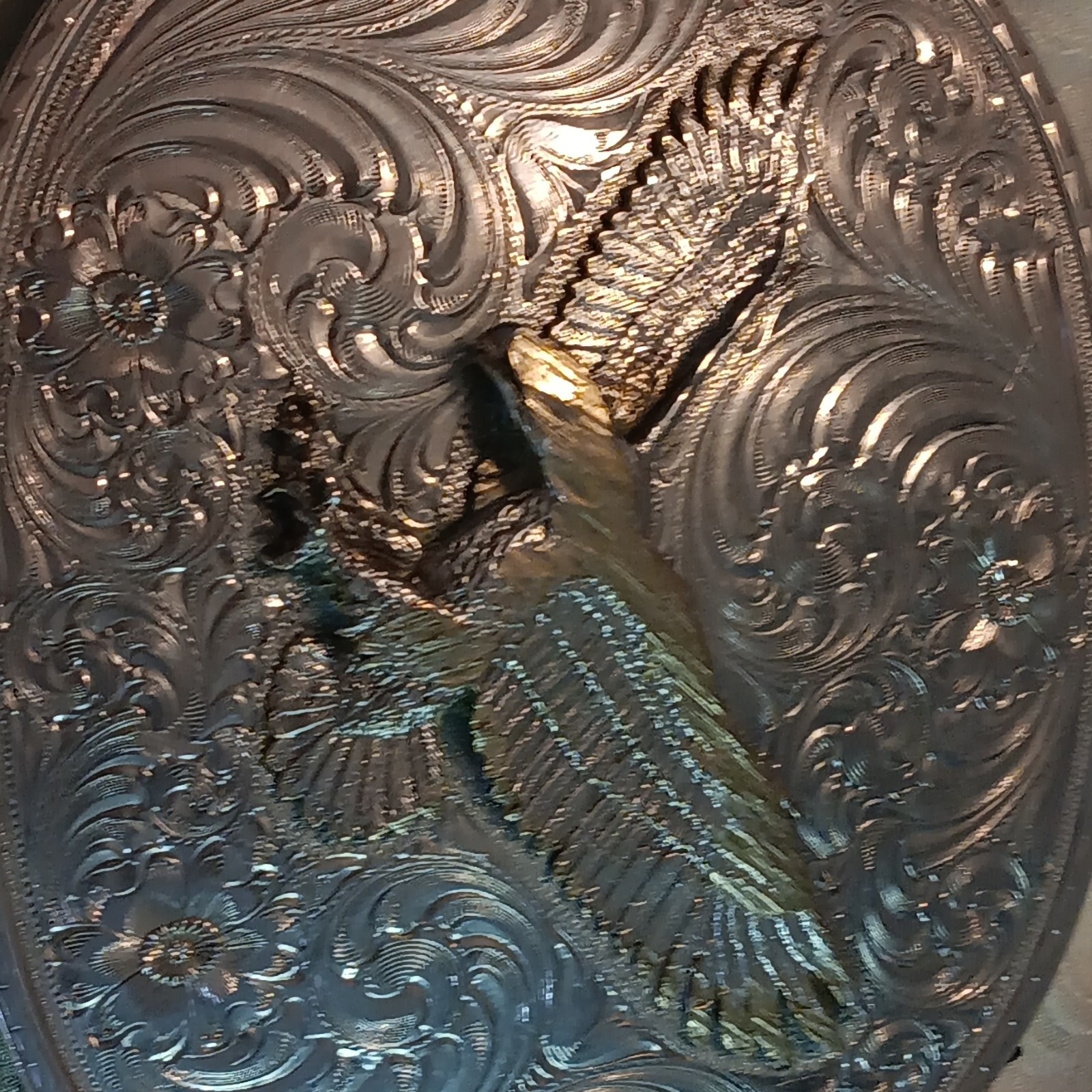 Gist Men&rsquo;s Western Oval Belt Buckle Eagle Floral Engraved 2-Tone 1.5in