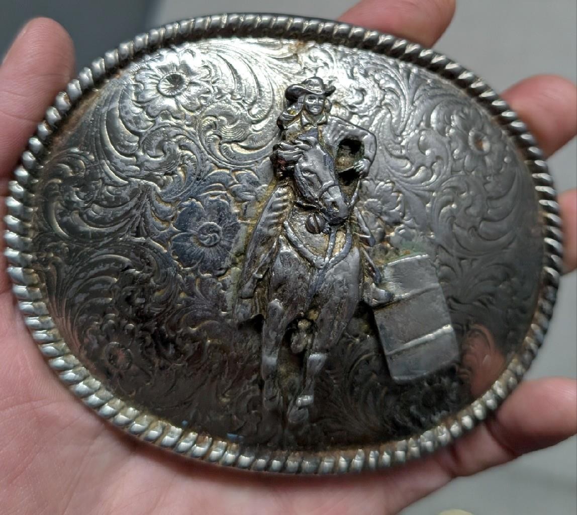 vintage USA made RODEO belt buckle BARREL RACING cowboy cowgirl WESTERN floral