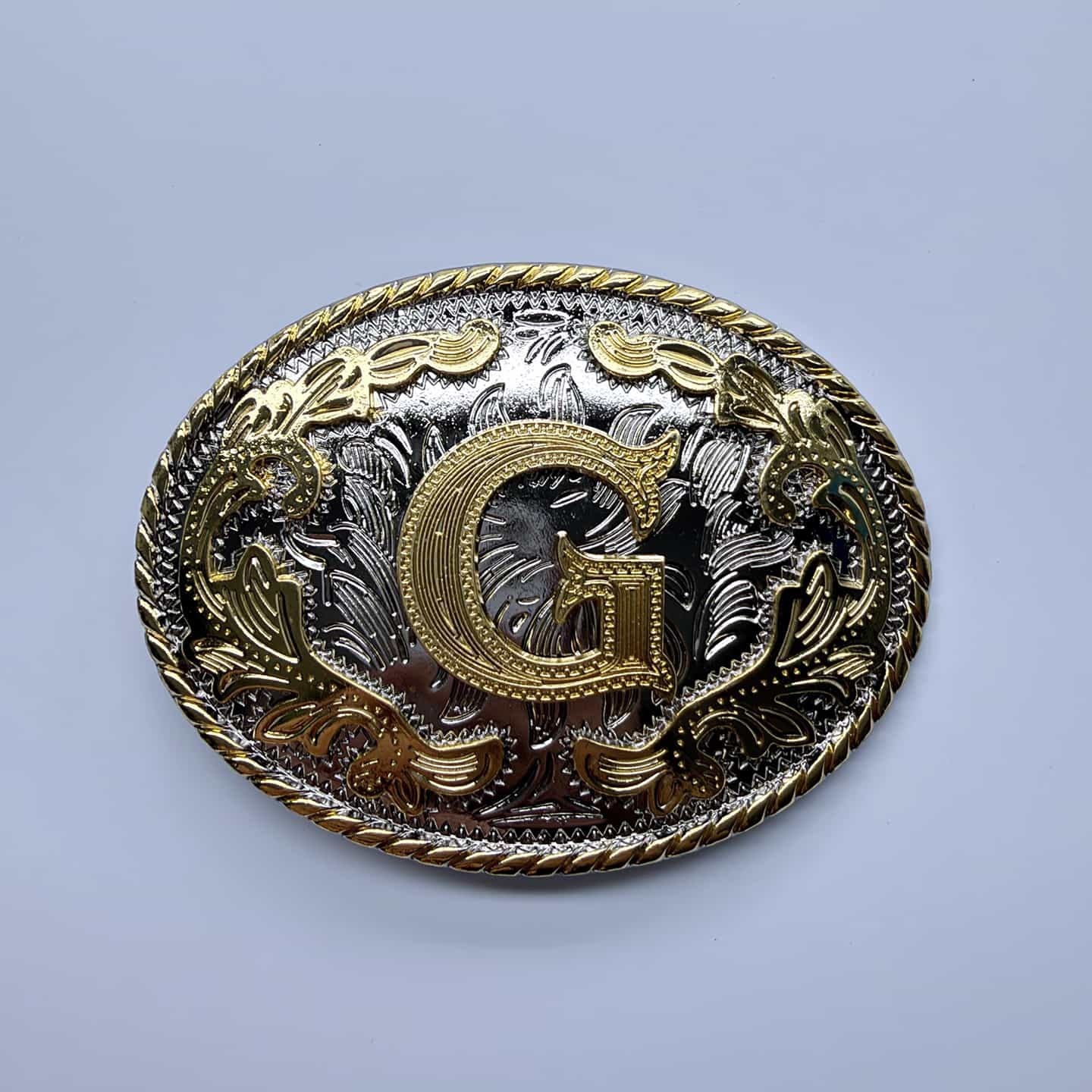 Bright Silver With Gold Initial Letter A-Z Cowboy Cowgirl Oval Belt Buckle