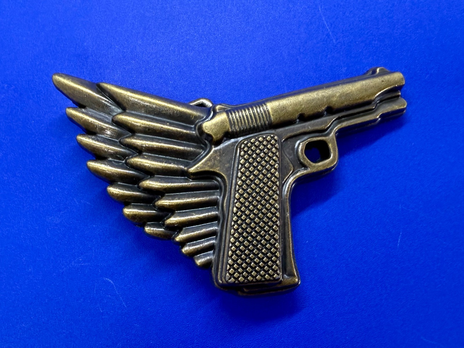 Winged Gun Flying Pistol Handgun Figural Cutout Brass Tone 4&Prime; Wide Belt Buckle