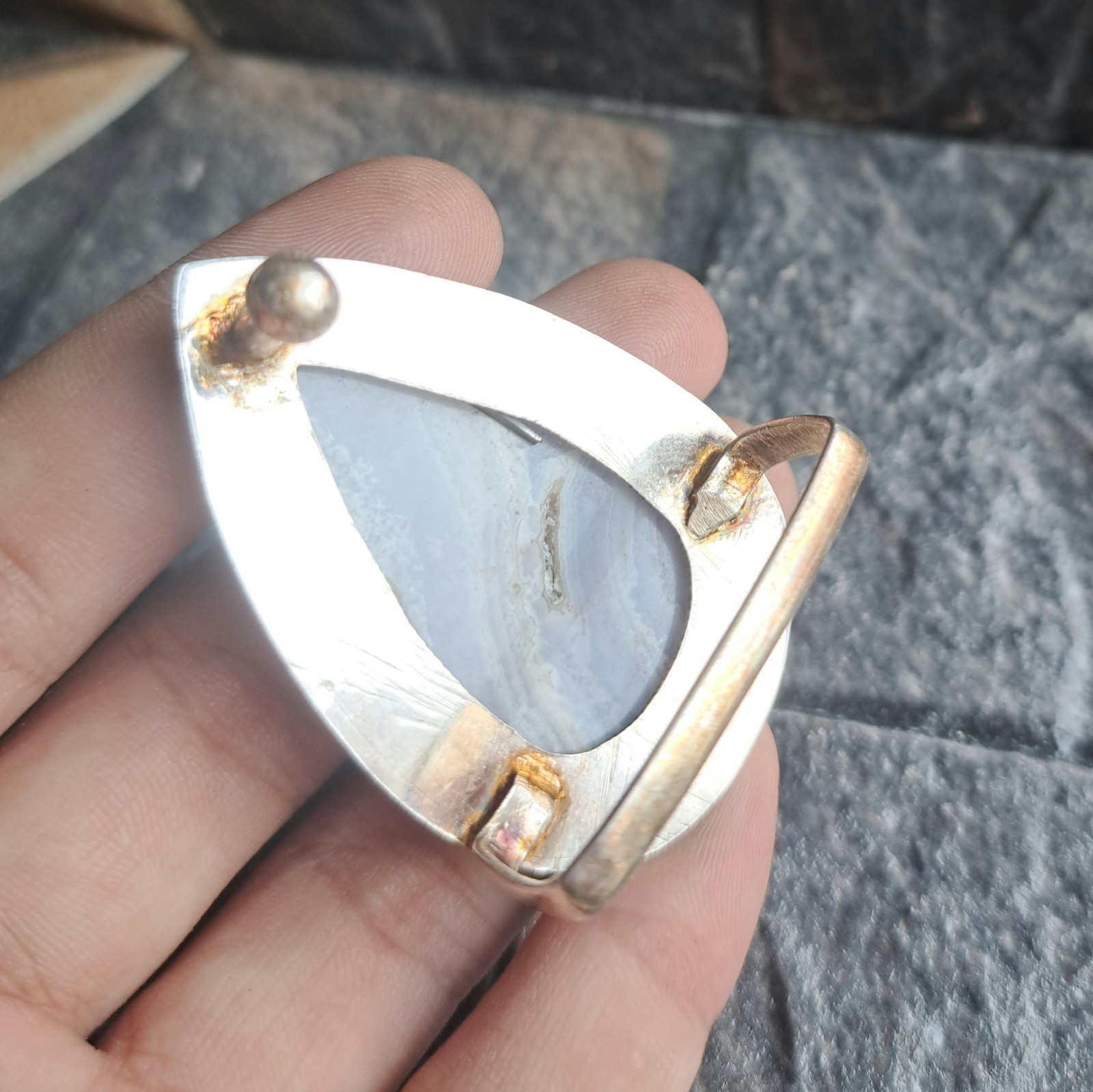 Blue Lace Agate Teardrop Silver Plated Belt Buckle Soft Lavender Banded Unisex