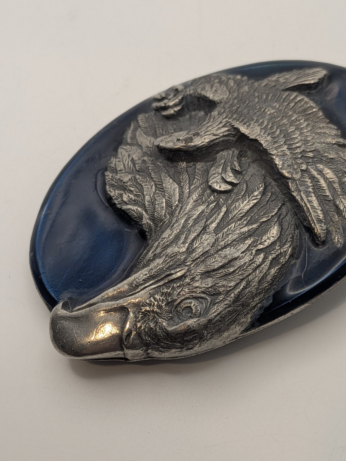 Vtg Eagle Blue Enamel Inlay Belt Buckle Pewter 3D Design Siskiyou 1990