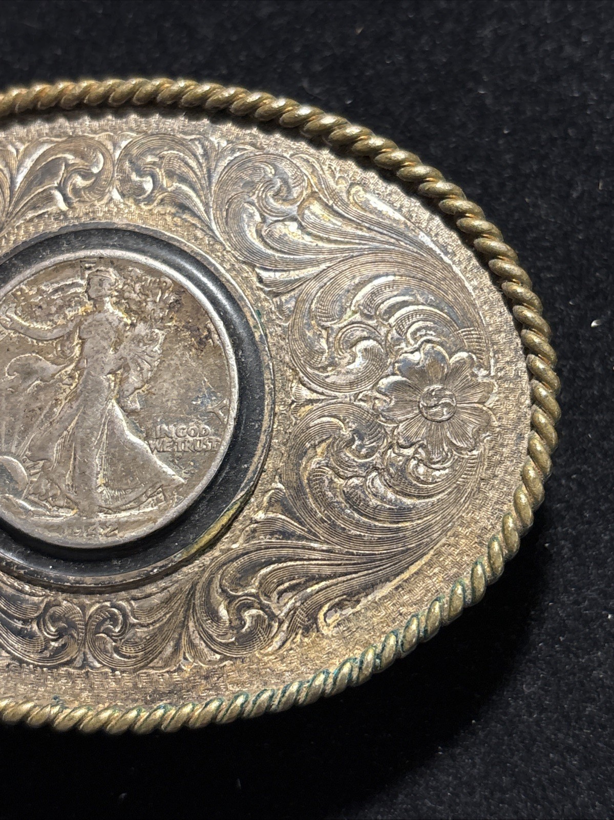 Montana Silversmiths Coin Belt Buckle 1942 Walking Liberty Half Dollar -Item#283