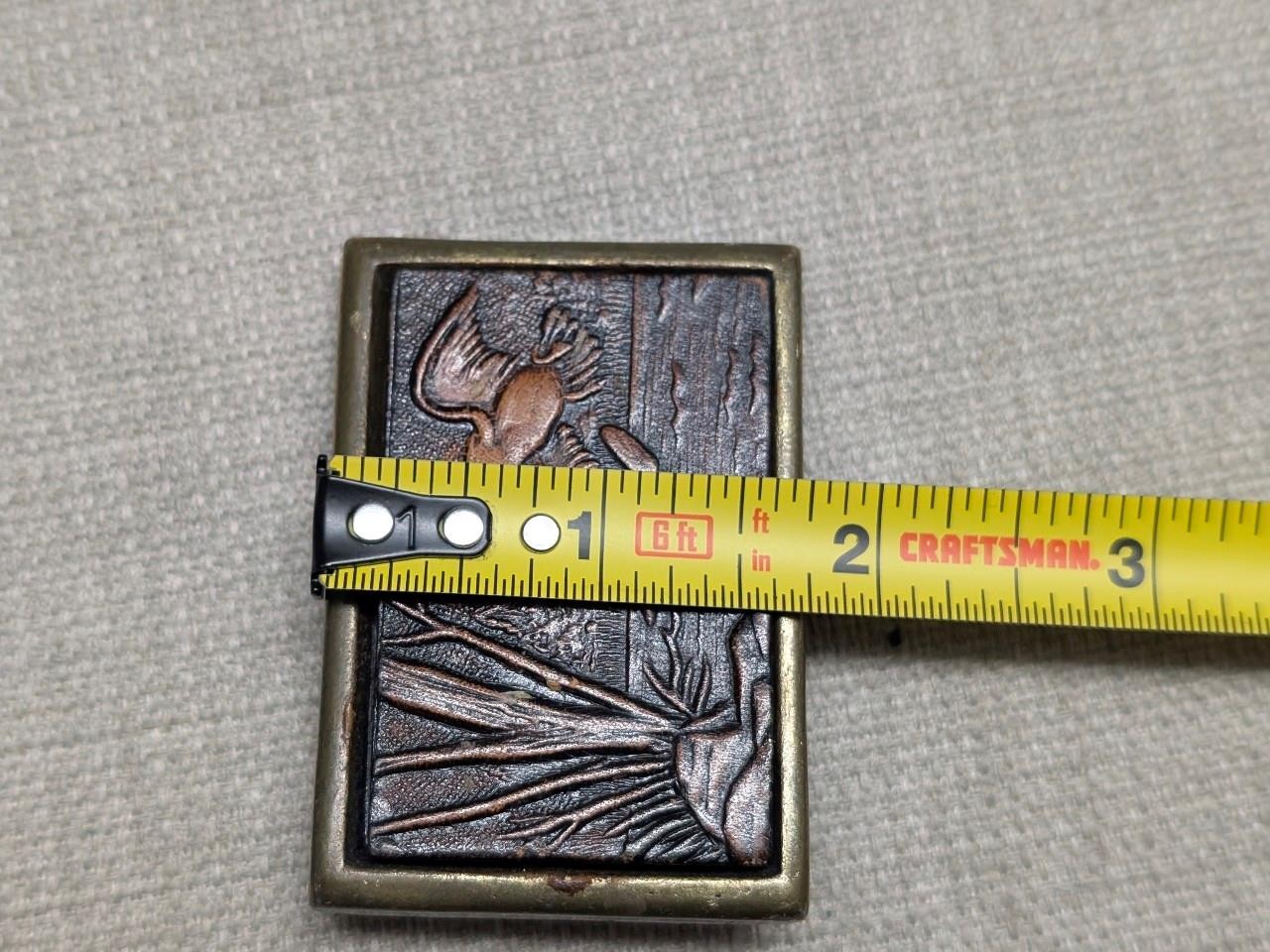 1970s vintage TOOLED belt buckle HANDCRAFTED leather DUCKS hunting WESTERN brass