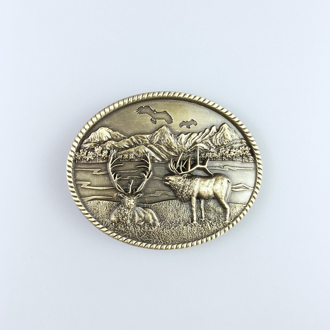Vintage Bronze Plated Deer Wild Life Western Oval Belt Buckle Boucle de Ceinture