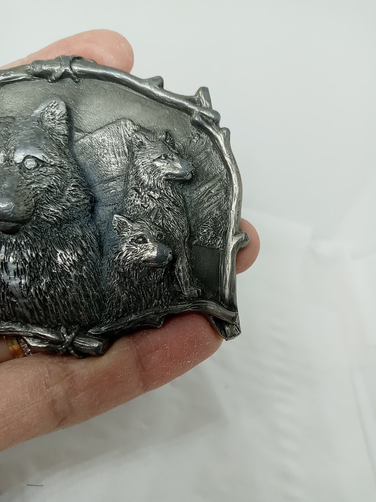 Vtg. Great American Products Pewter 3 Wolves Belt Buckle. Intricate. Heavy