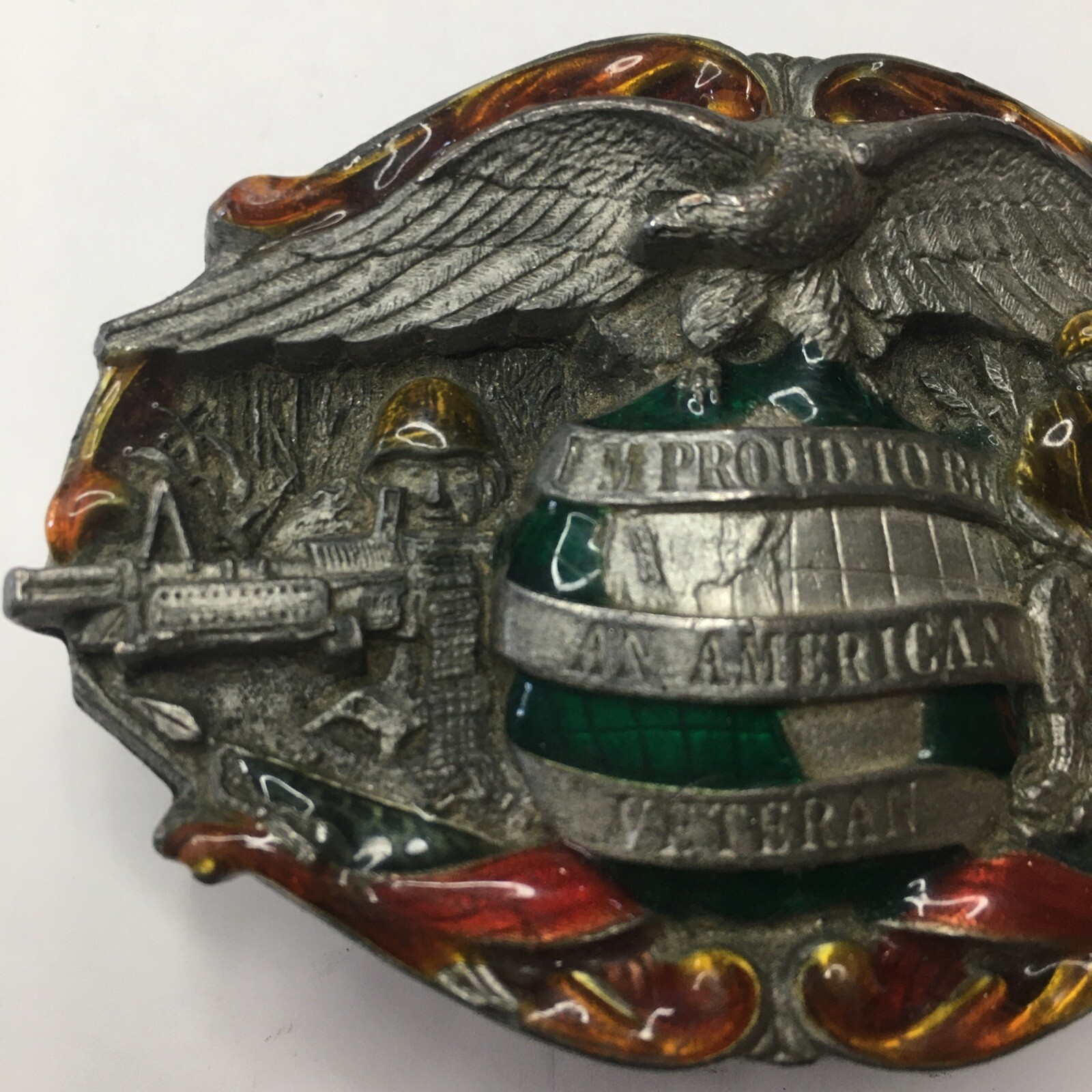 Vintage 1986 Brass USA Patriotic Proud To Be An American Veteran Belt Buckle War