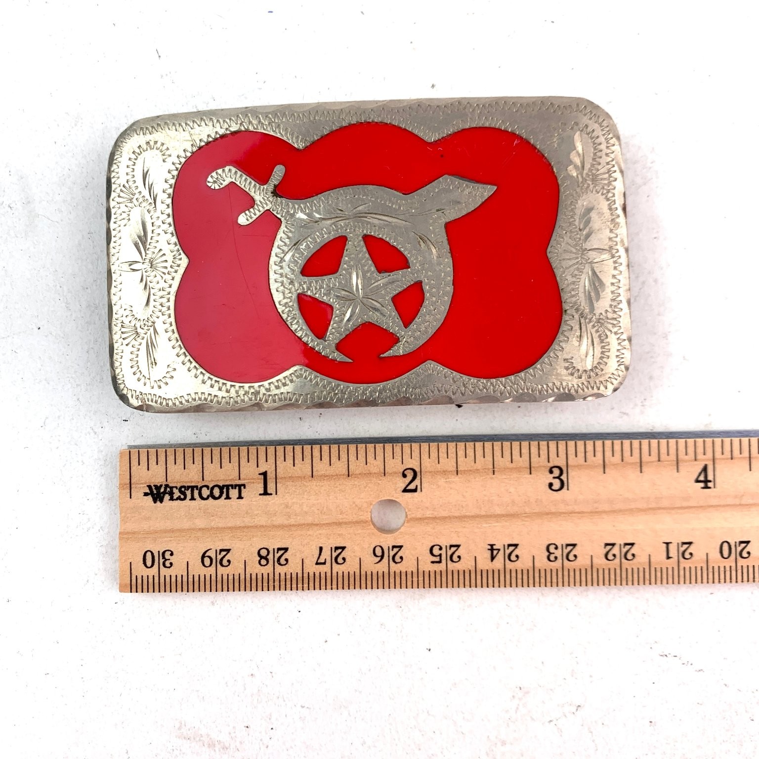 Shriner Masonic Western Flair Belt Buckle Red Silver Hand Engraved