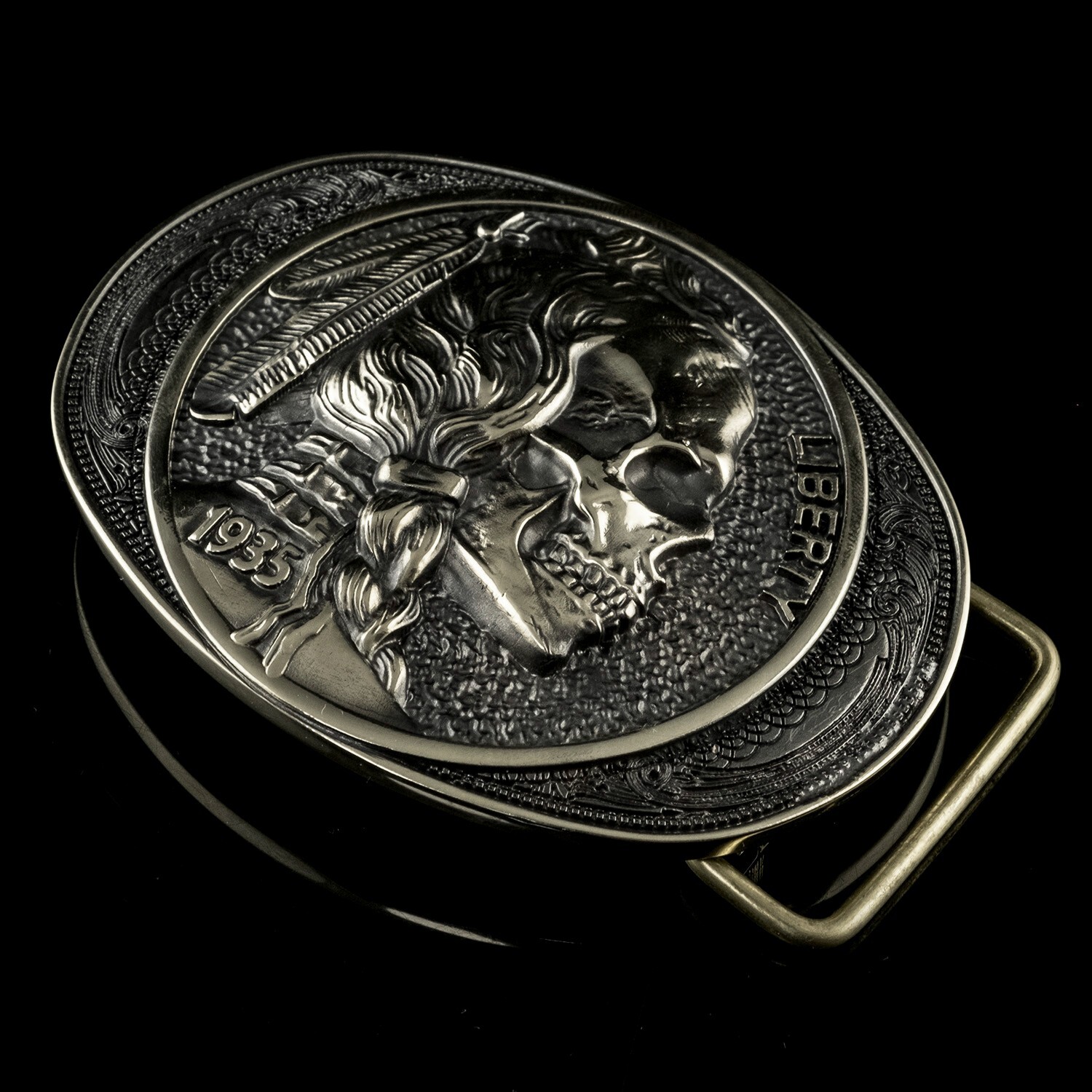 German silver buckle Indian chief skull, Liberty 1935 coin, Chief, Indian head