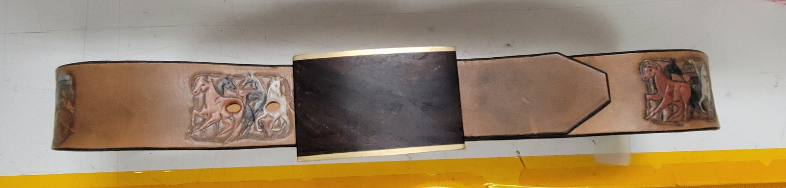 Sky West Brass Wood Inlay Buckle n Stamped Leather Belt