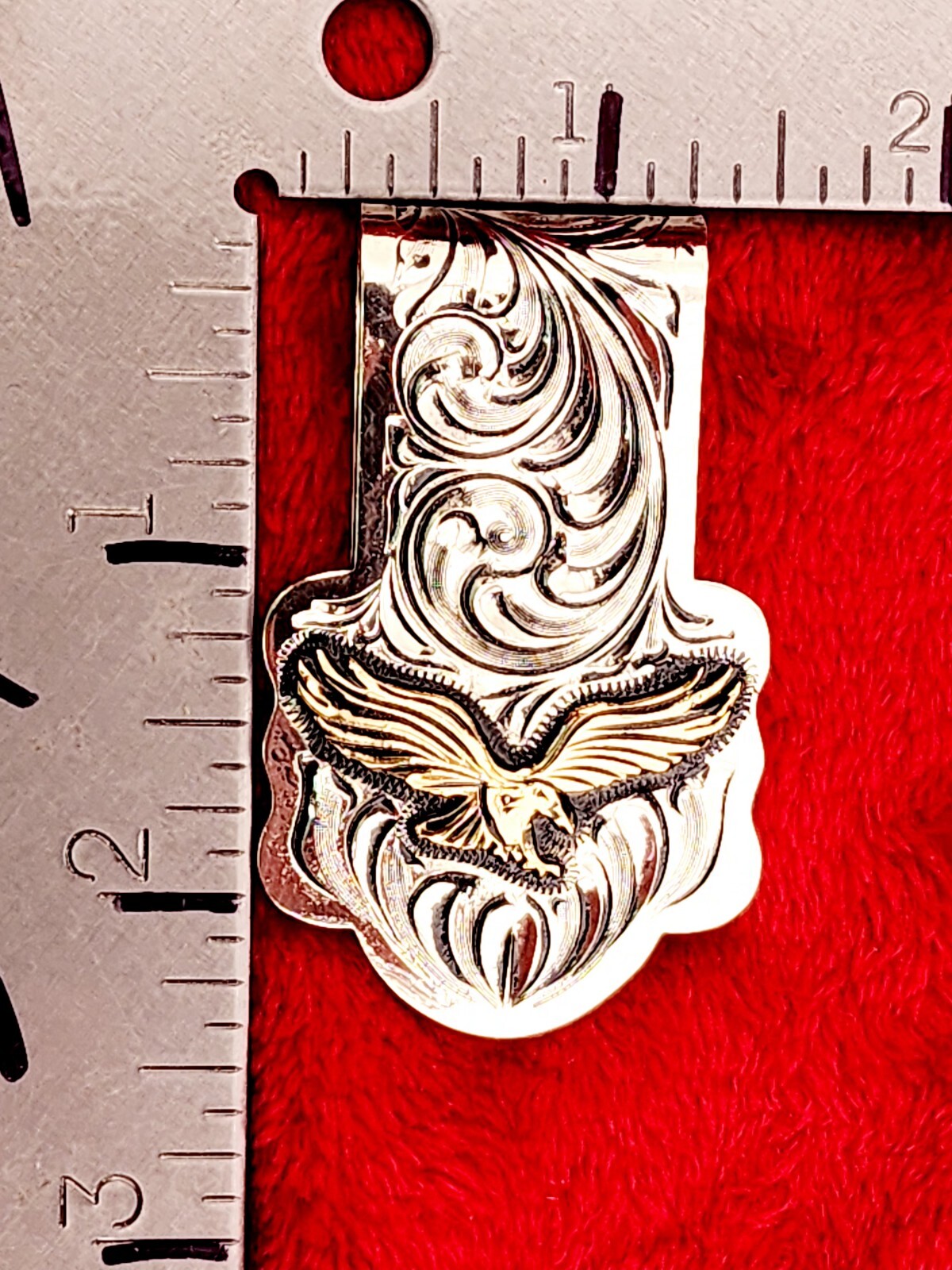 EAGLE EMBLEM~HAND ENGRAVED MONEY CLIP $ GERMAN SILVER & JEWLERS BRONZE