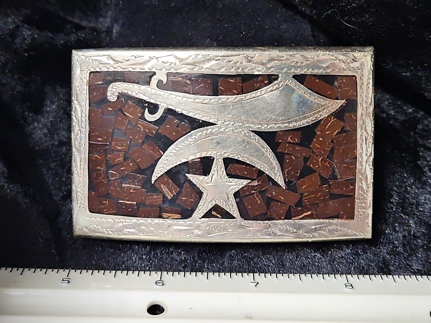SHRINER Vintage Mexico SilverTone Brown/Black Inlay Star Sword Belt Buckle