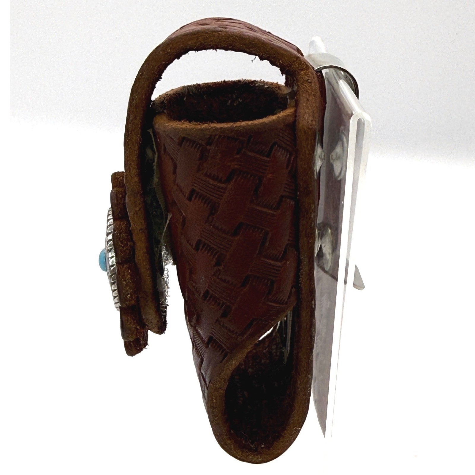 Vintage Hand Tooled Leather Belt Pouch Basket Weave Western Turquoise Concho