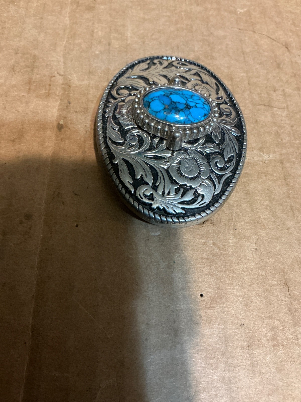 Used Metal Alloy Belt Buckle with Nice Turquoise looking Stone. Unknown Stone