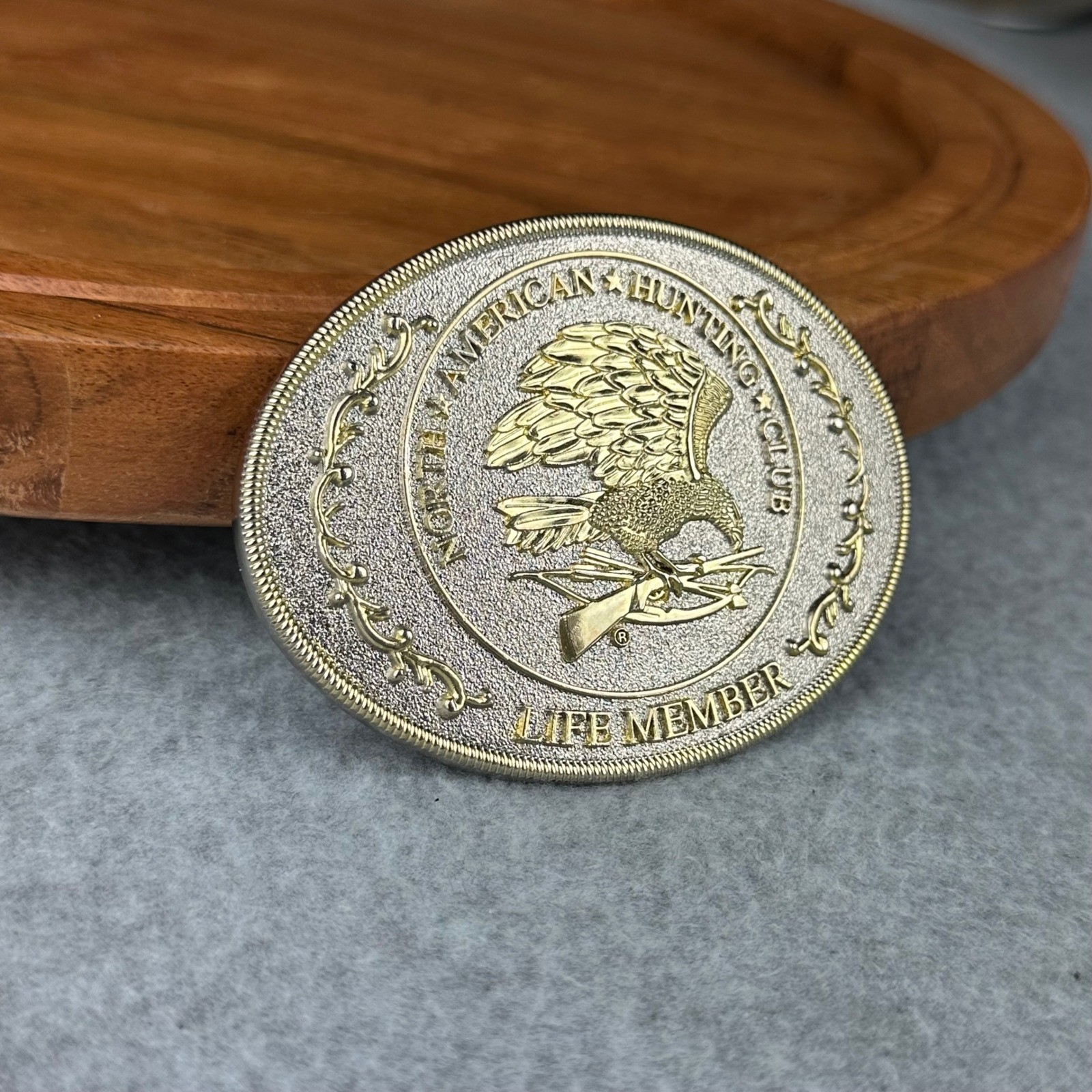 North American Hunting Club Life Member Belt Buckle Gold Silver Eagle Rifle Oval