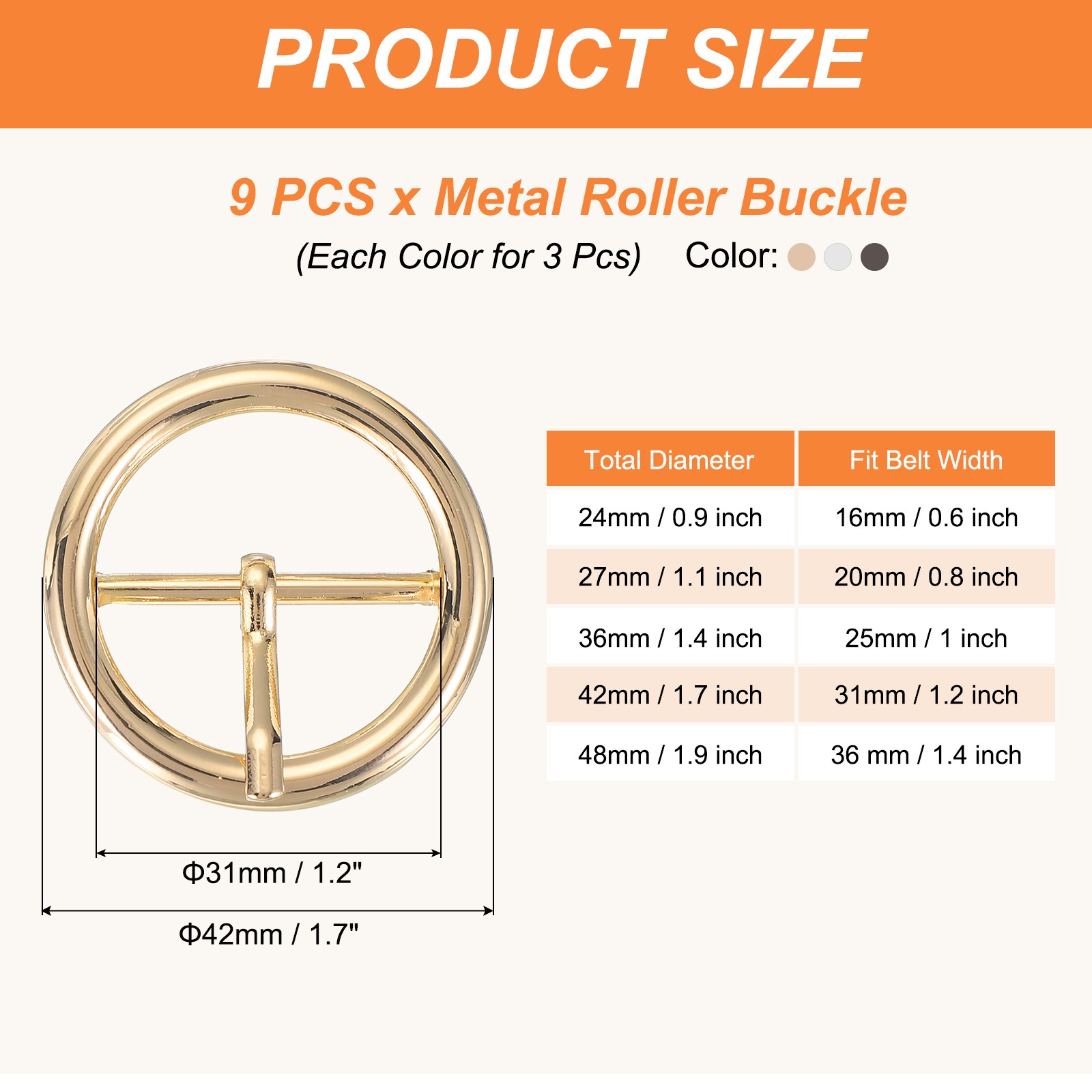 9Pcs 1.2&Prime; Single Prong Belt Buckle Metal Roller Buckle Black/Silver/Light Gold