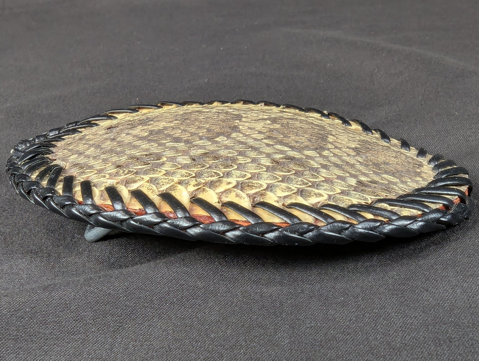 Vintage M.G.S. Oval Belt Buckle Snakeskin Inlay Black Leather Whipstitch Detail