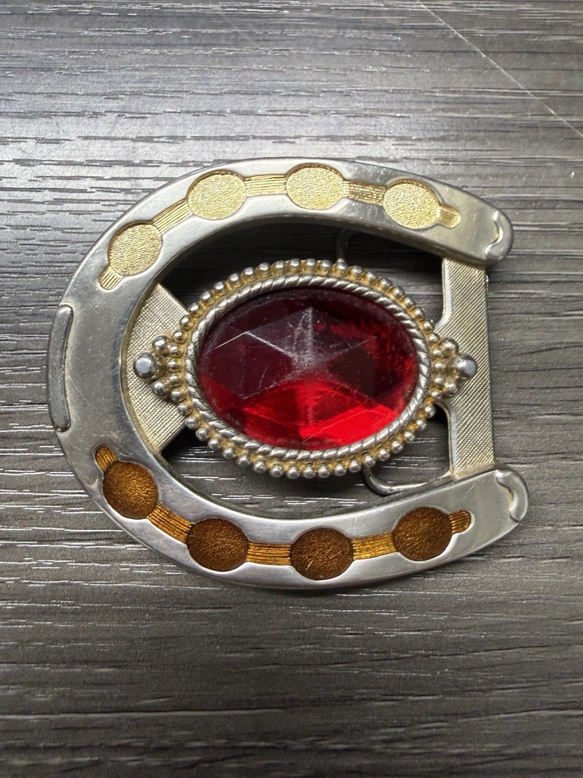 Vintage Silver Cowboy Horseshoe Belt Buckle With a Faux Ruby stone Red