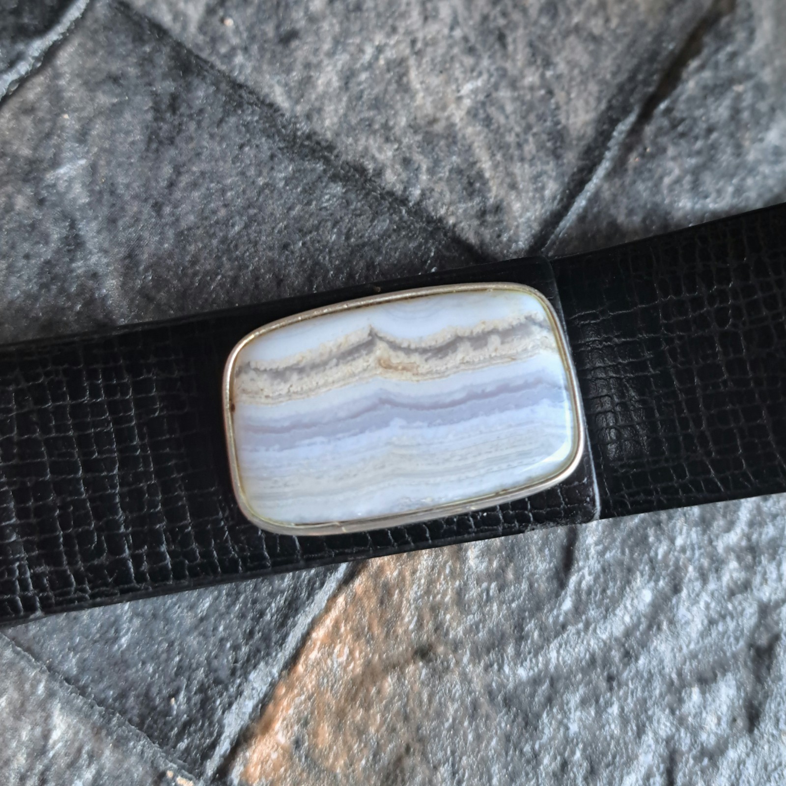 Blue Lace Agate Belt Buckle Silver Plated Natural Stone Western Boho Unisex