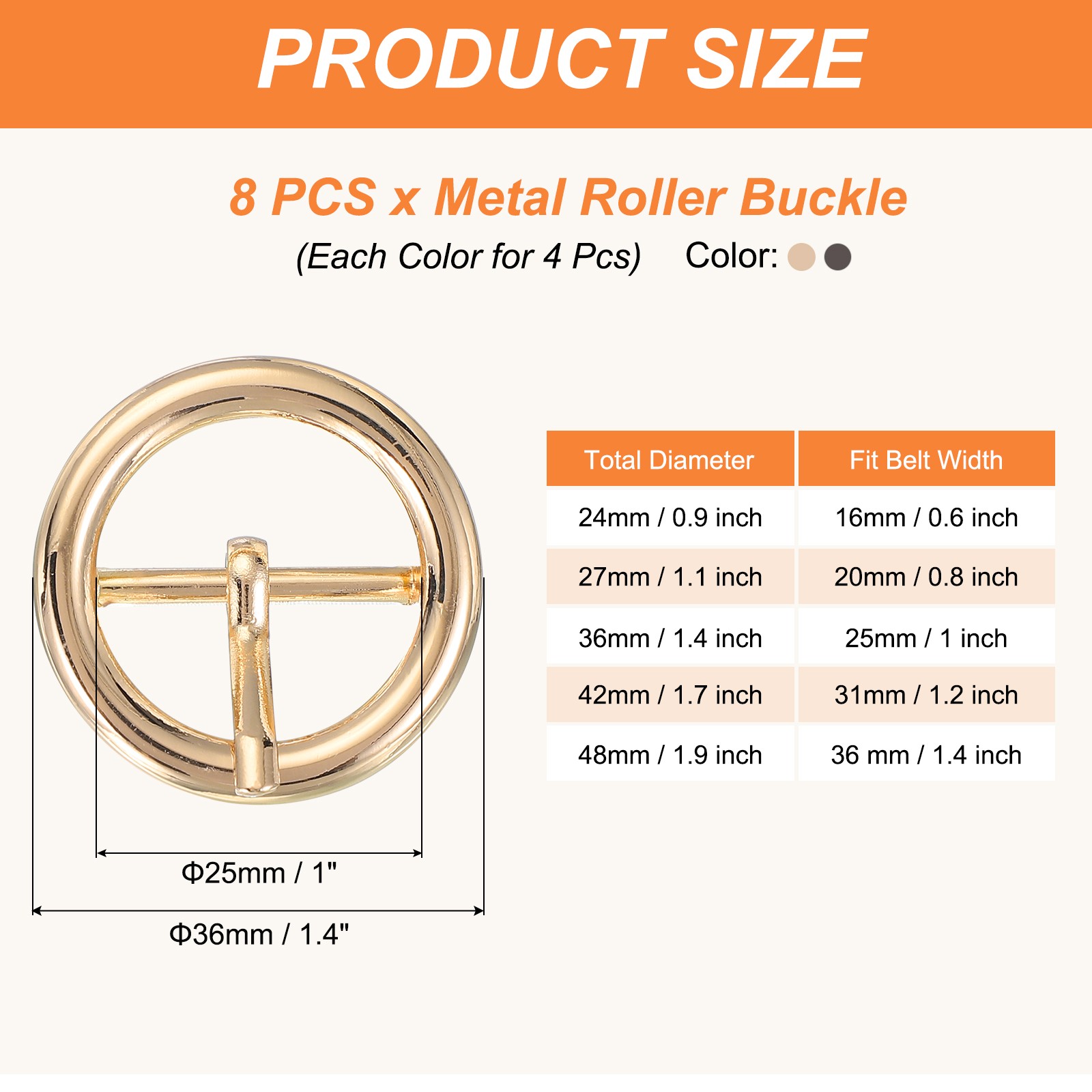 8Pcs 1&Prime; Single Prong Belt Buckle Metal Roller Buckle Light Gold/Black