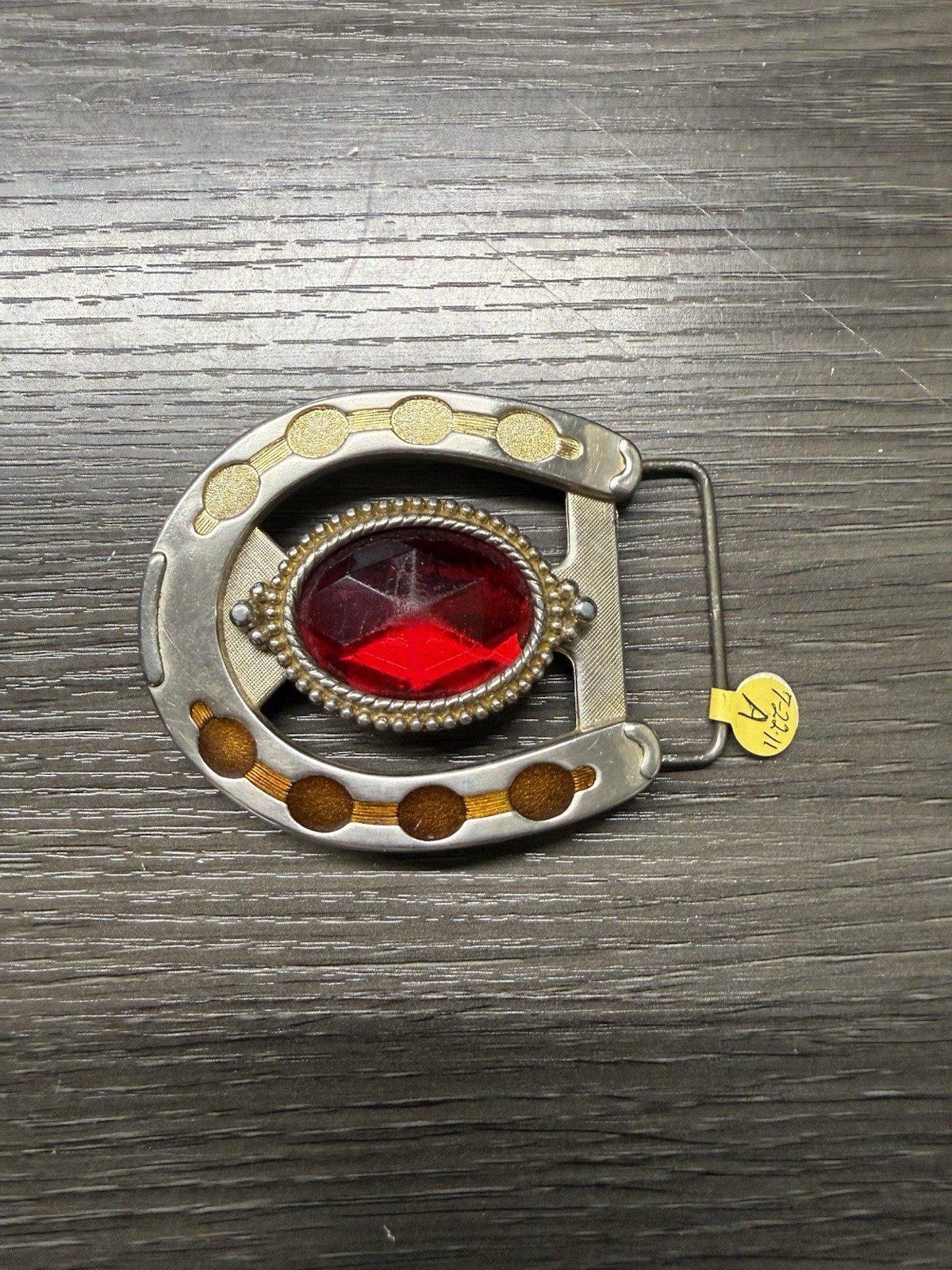 Vintage Silver Cowboy Horseshoe Belt Buckle With a Faux Ruby stone Red