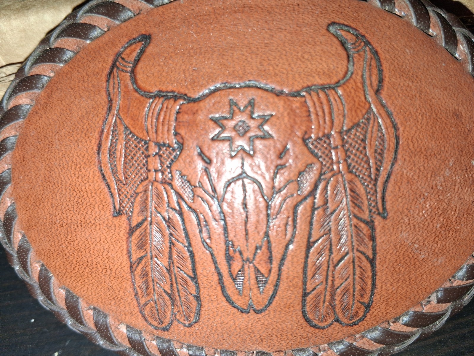 Handmade Leather Tooled Native Steer Head Belt Buckle 4&Prime; X 3&Prime;