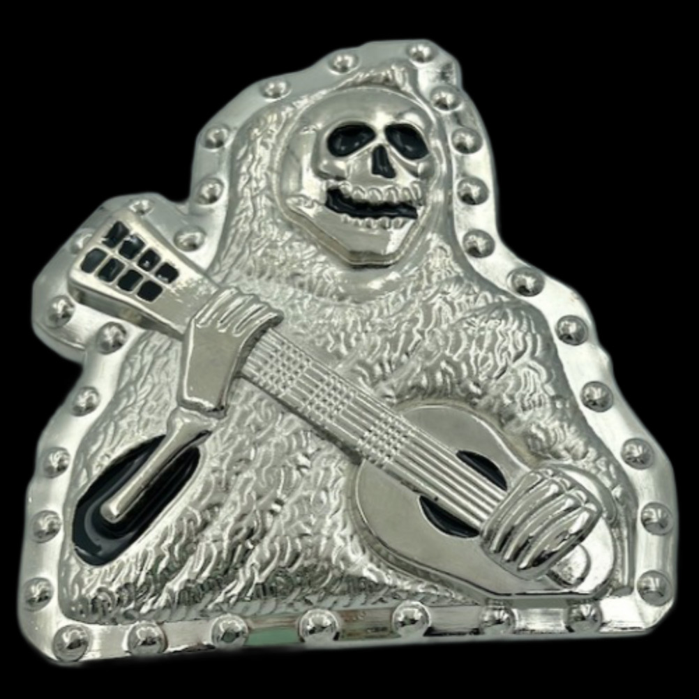 SKULL HEAD GRIM REAPER EVIL GUITARS MUSIC WOMEN MUSICIAN BELT BUCKLE