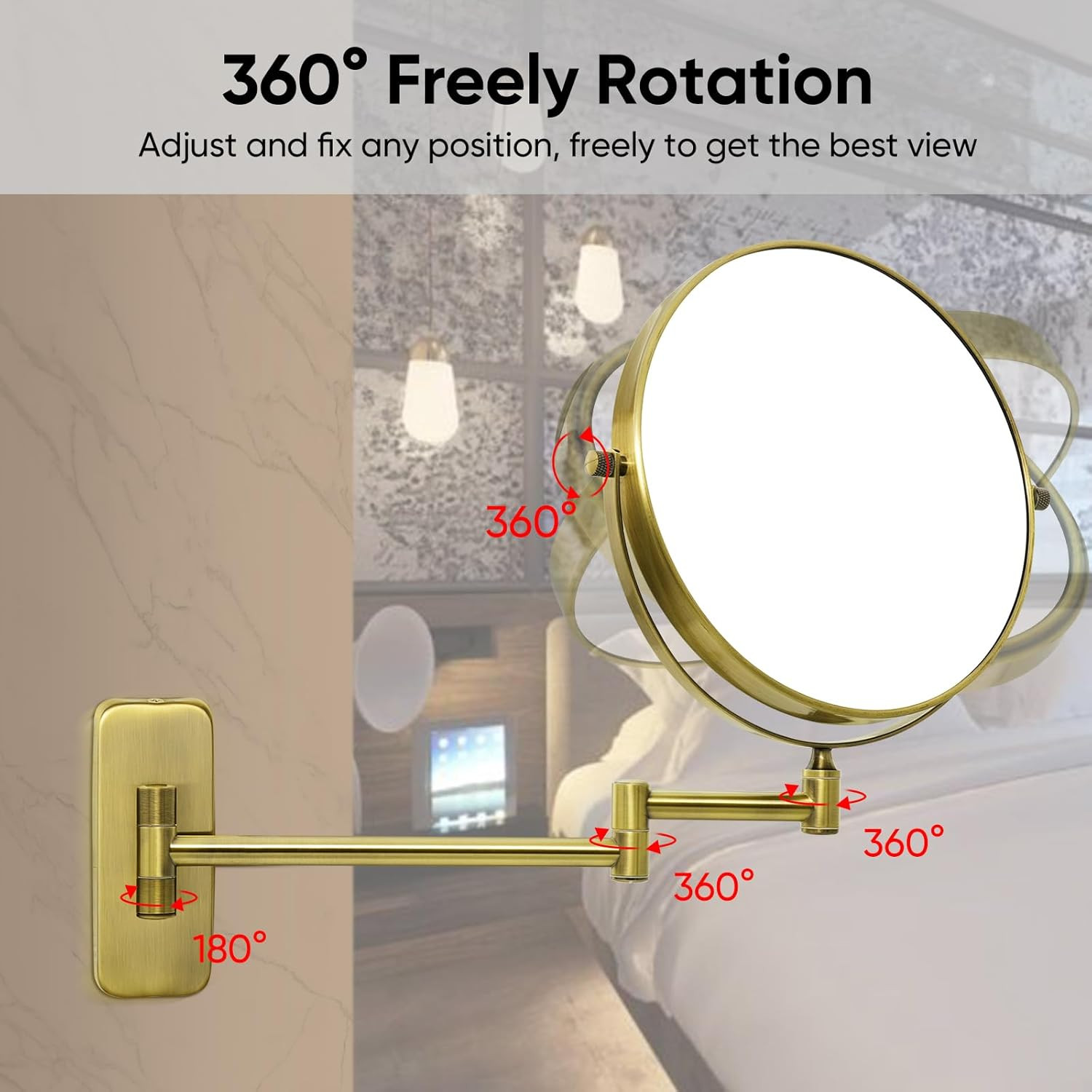 8-Inch Double-Sided Wall Mount Makeup Mirror with 7X Magnification in Brass