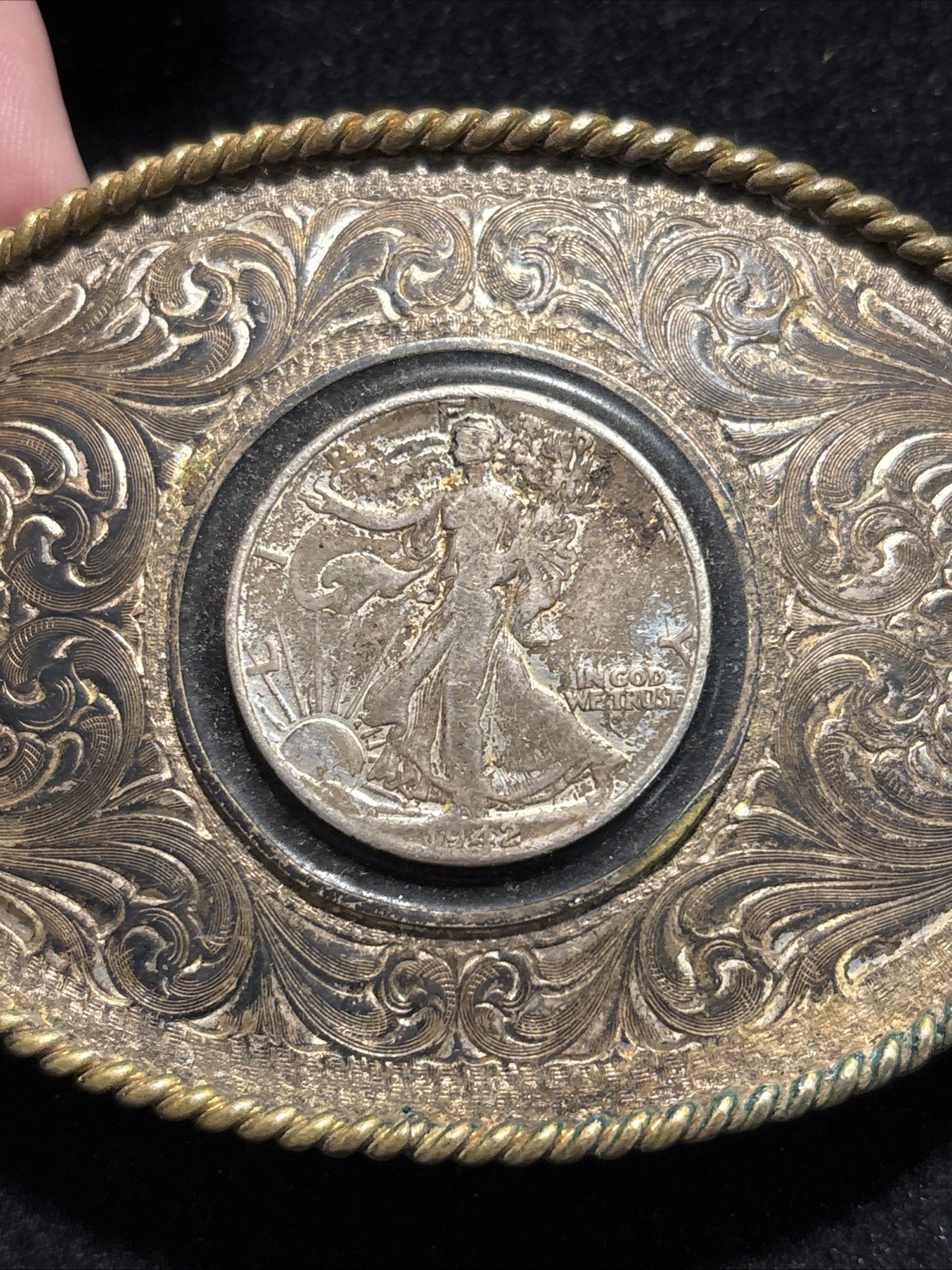 Montana Silversmiths Coin Belt Buckle 1942 Walking Liberty Half Dollar -Item#283