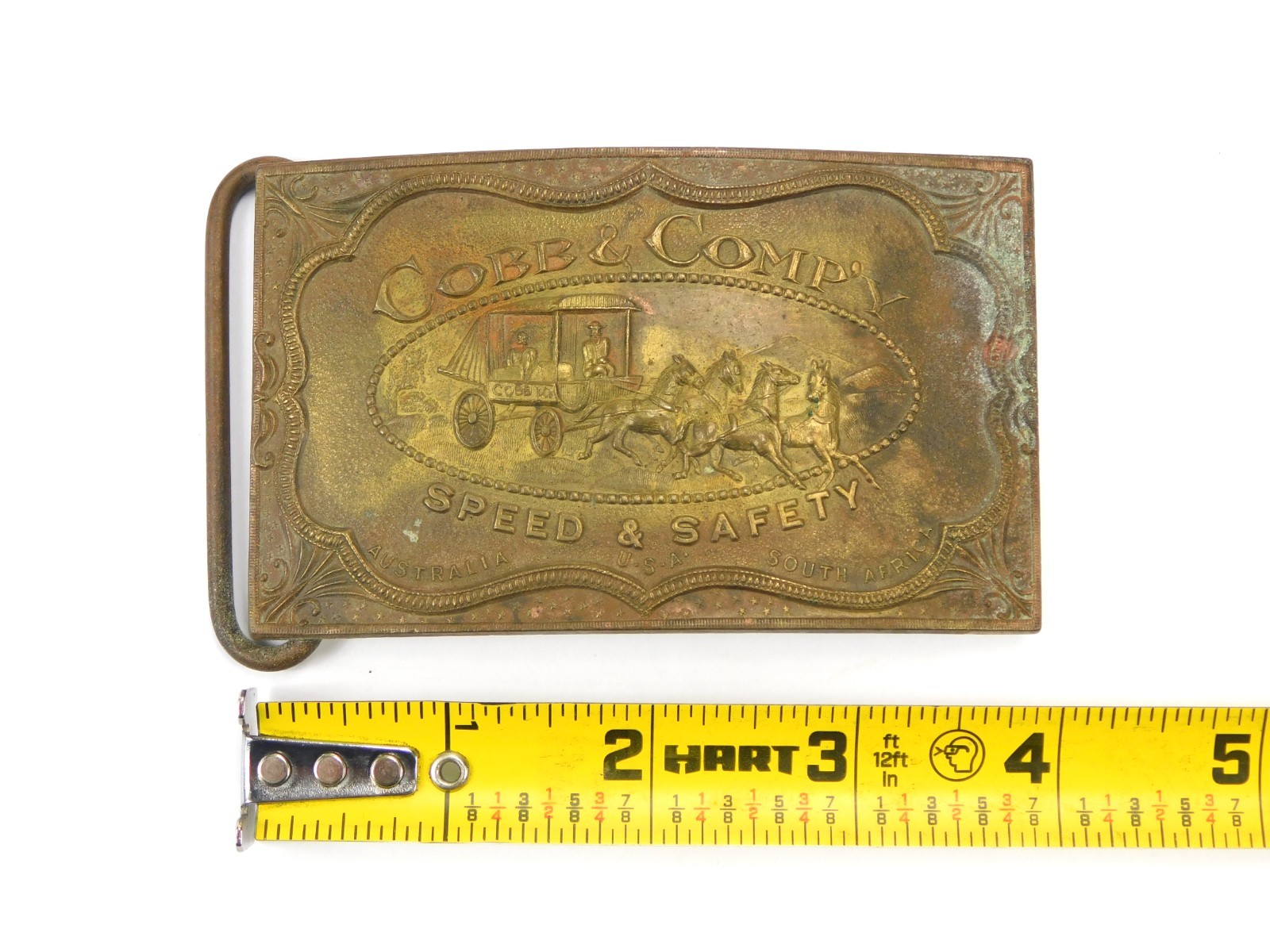 Vintage Cobb & Co Speed & Safety Brass Western Belt Buckle
