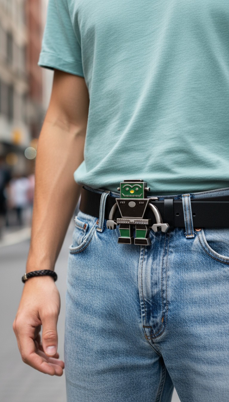 Men Silver Metal Fashion Belt Buckle Green Black Robot Animation Cool Teen Kids