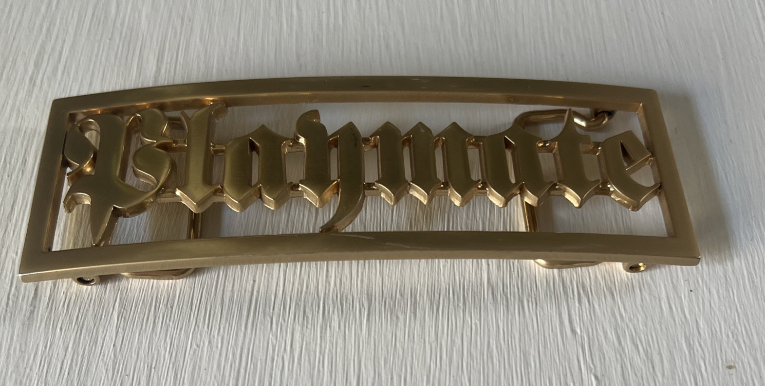 Gold Tone PLAYMATE Belt Buckle Metal Spellout rectangle( fits 1.5&Prime; w/belt)