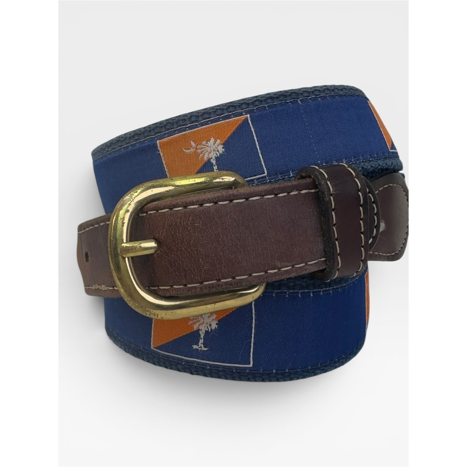 Men’s Classic Brown Leather & Canvas Blue & Orange Belt Palm South Carolina 38”