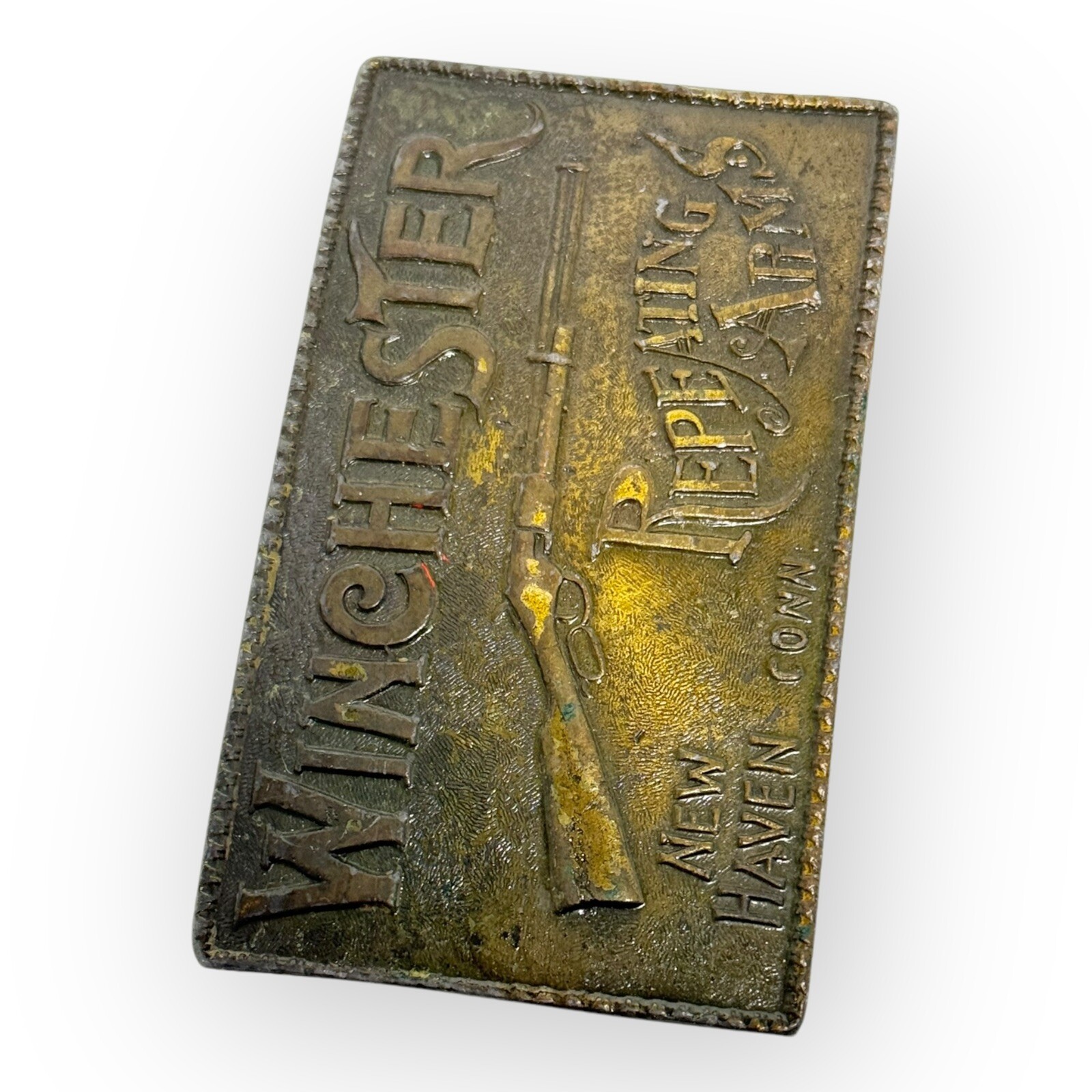 Winchester Repeating Arms New Haven Conn. Rifle Guns Vintage Brass Belt Buckle