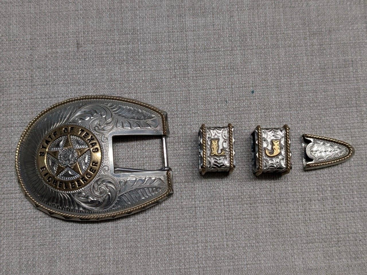 vintage 4PC belt buckle TEXAS custom made GERMAN SILVER nickel silver WESTERN