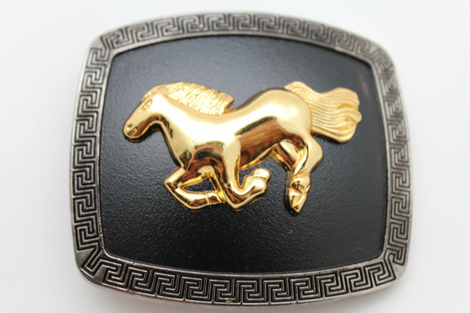 Men Women Western Belt Buckle Silver Metal Square Gold Rodeo Horse Black Fabric