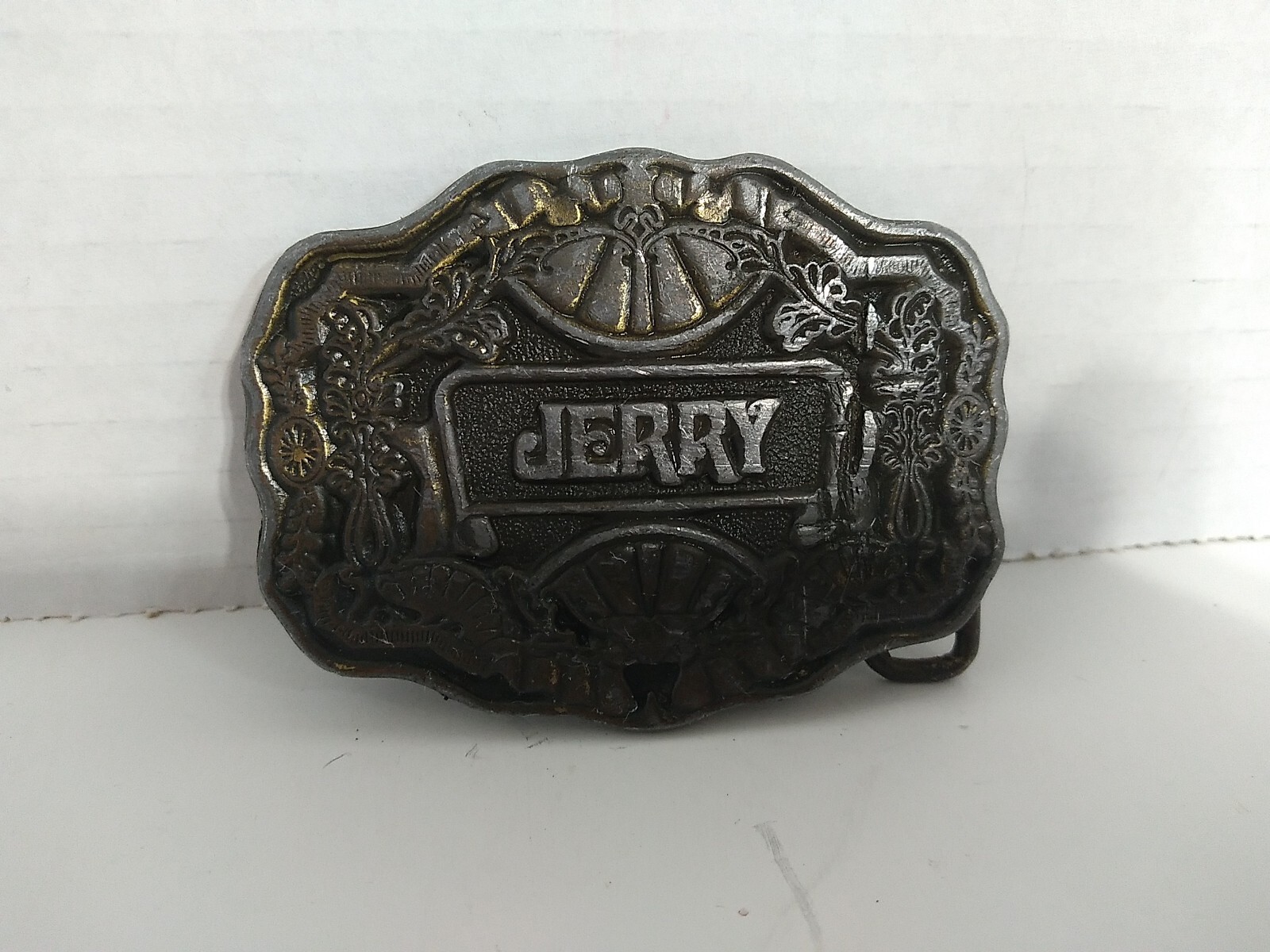Vtg Oden NC Brass Belt Buckle 70s Name JERRY Personalized Ornate
