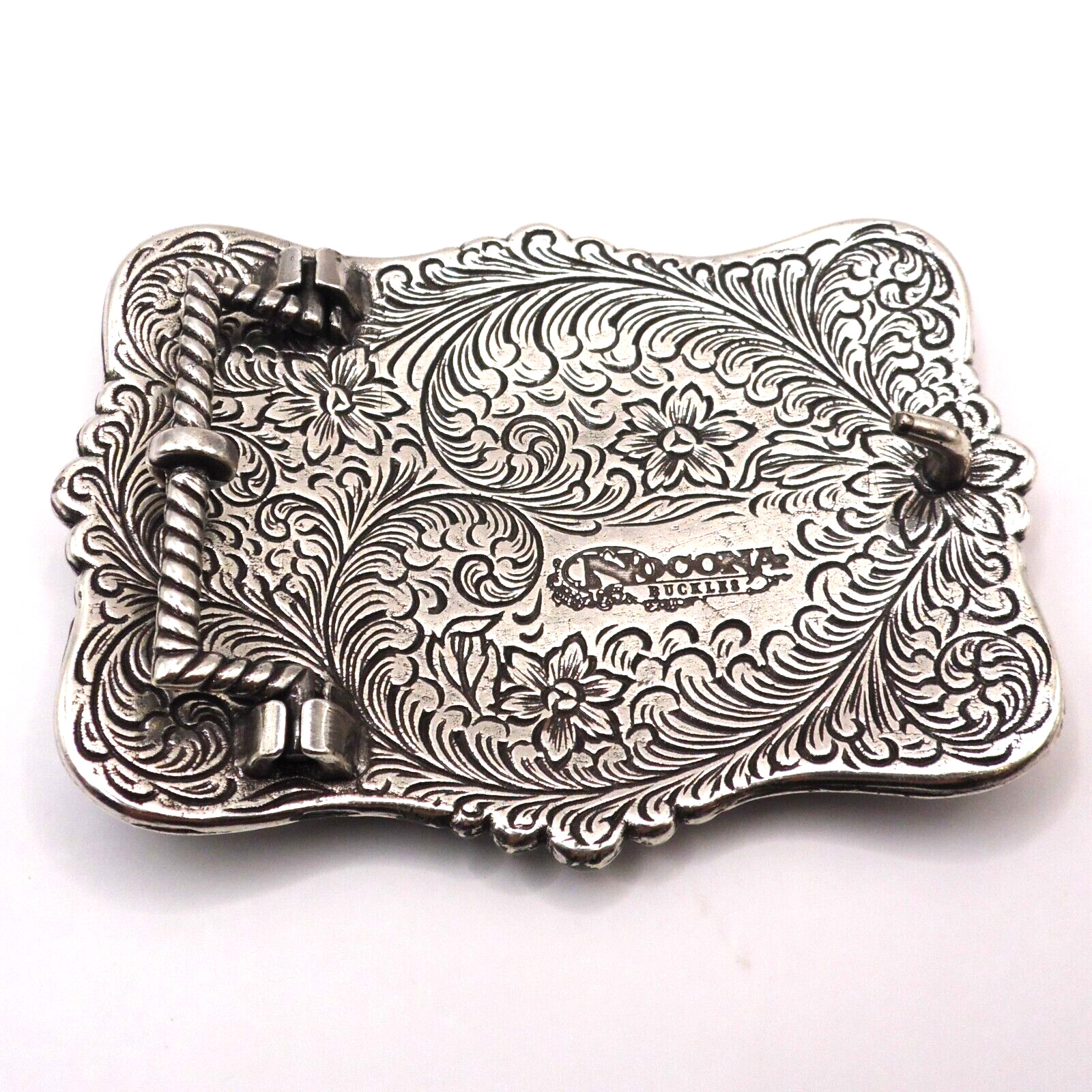 Nocona Western Belt Buckle Rectangle Longhorn Silver Tone and Black 37586